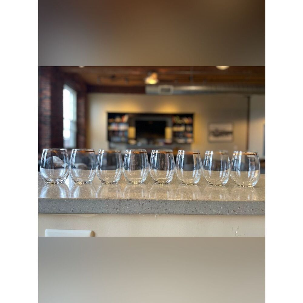 Clear Stemless Wine Glasses with Fold Stripe On the Top - Set of 8